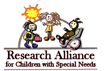 Logo of The Research Alliance for Children with Special Needs. The logo depicts three children and the Sun, designed to show the strengths and abilities of children. One of the children is in a wheelchair to indicate our interest in enhancing the life experiences of children with special needs. One child is carrying books to symbolize our interest in school experiences, since school is a crucial setting for the participation and development of all children, including those with special needs.